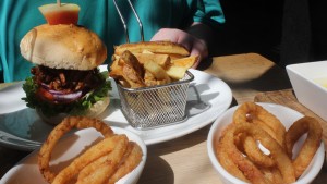 Pulled Pork Burger and Onion Rings from The Black House The Grill On The Square