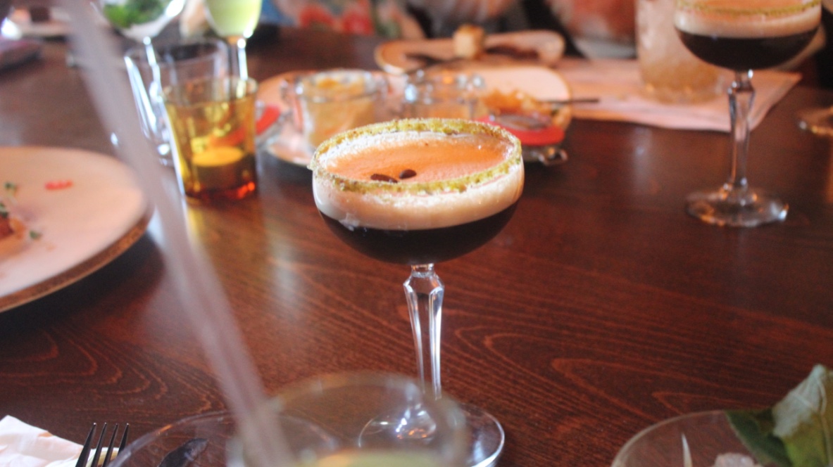 An Expresso Martini cocktail in a glass.