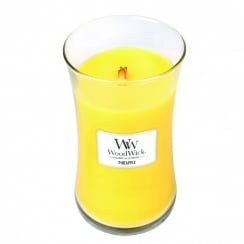 A tall white wax candle in a glass jar.