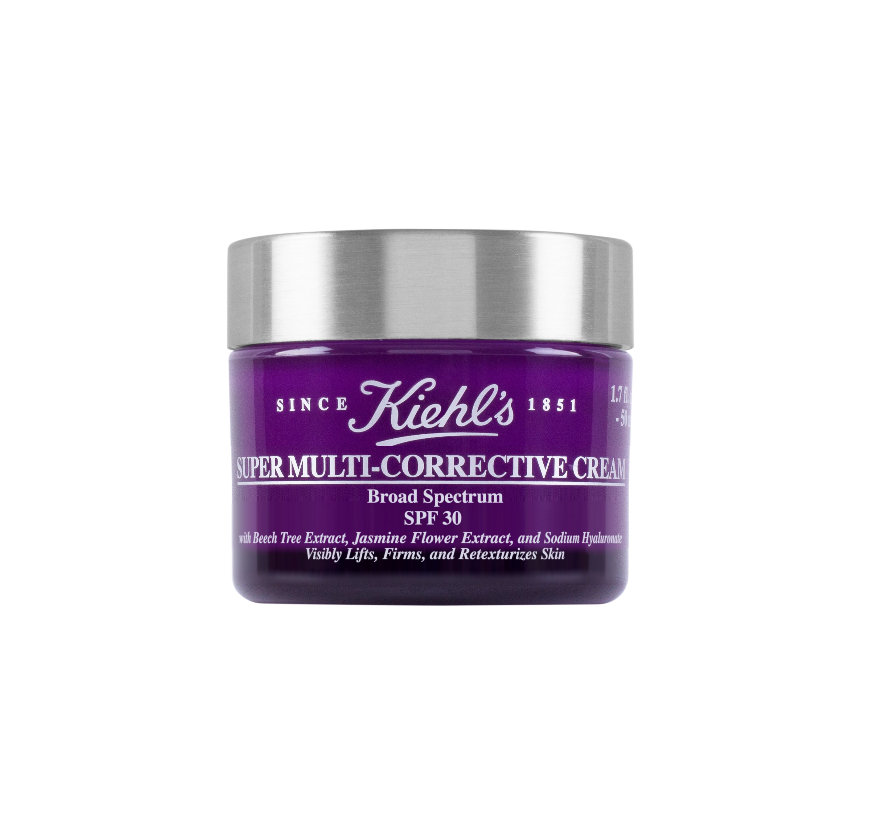 A small tub with a silver lid, and a purple label saying Kiehls Super Multi Corrective Cream SPF 30, on a white background.