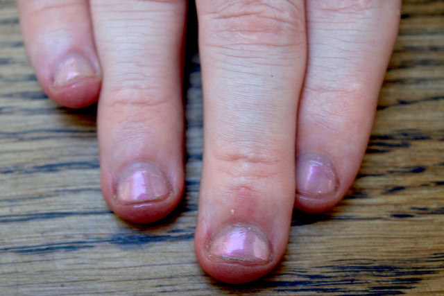 My nails painted with some pearly nail varnish.
