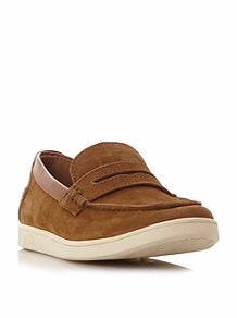 A brown shoe with a white sole, on a white background.